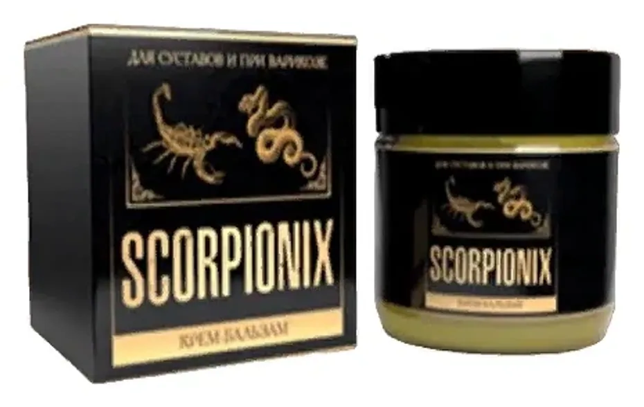 Scorpionix — bo‘g‘imlar uchun chayon zahari ekstraktli krem, qutidagi banka